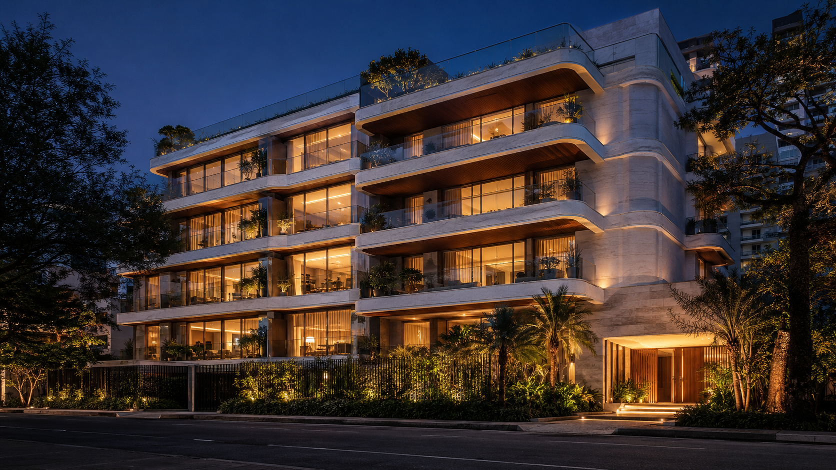 Edifício residencial iluminado à noite